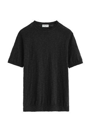 T-shirt noir à manches courtes en maille avec col rond, ourlet et poignets côtelés, posé à plat sur un fond blanc.