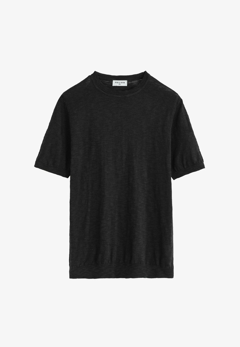 T-shirt noir à manches courtes en maille avec col rond, ourlet et poignets côtelés, posé à plat sur un fond blanc.