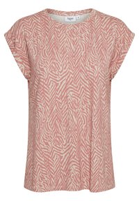 Růžový a krémový krátký rukáv top s kulatým výstřihem, vyznačující se cik-cak vzorem a uvolněným střihem. Vyrobeno z lehkého materiálu.