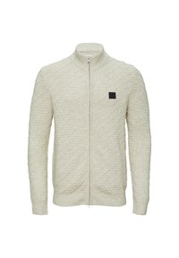 Hellbrauner Reißverschluss-Pullover mit einem strukturierten Rautenmuster. Verfügt über einen Stehkragen und ein kleines schwarzes Logo-Patch auf der Vorderseite.