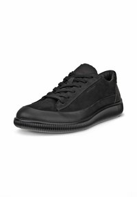 Sneaker nera in suede e pelle, con punta arrotondata, suola in gomma testurizzata e chiusura con lacci tradizionale. Design minimalista.