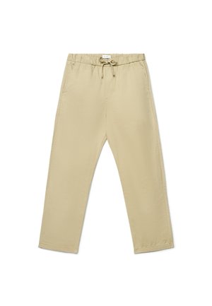 Beige Straight-Leg-Hose mit elastischem Bund und Kordelzug, Seitentaschen und lockerem Schnitt.