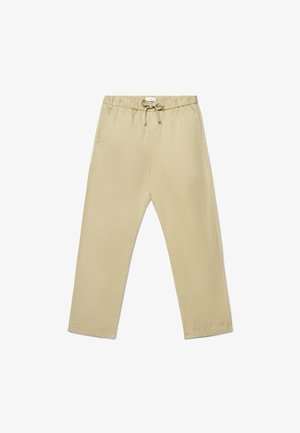 Beige Straight-Leg-Hose mit elastischem Bund und Kordelzug, Seitentaschen und lockerem Schnitt.