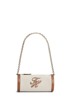 Beige cylindrical handbag with brown leather trim, gold chain strap, zipper closure, and stylized "FH" logo on front.
