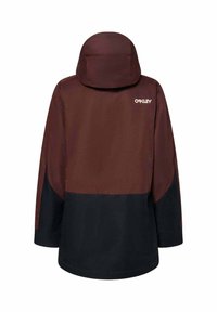 Brown and black hooded jacket with a relaxed fit. Features a smooth texture, contrasting color panels, and an Oakley logo on the upper back.