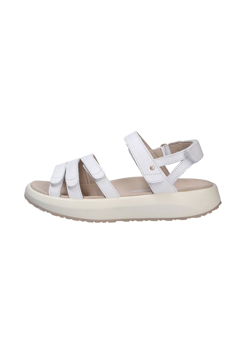 Witte sandalen met leren banden, voorzien van drie klittenbandsluitingen, een gevoerde beige voetbed en een licht rubberen zool met textuur.