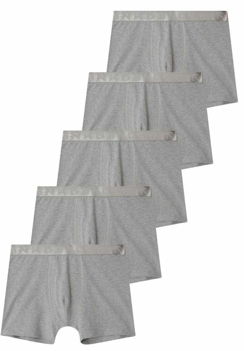 Cinque paia di boxer grigi da uomo in cotone, con una morbida vita elastica dettagliata con logo. Le cuciture piatte aumentano il comfort.