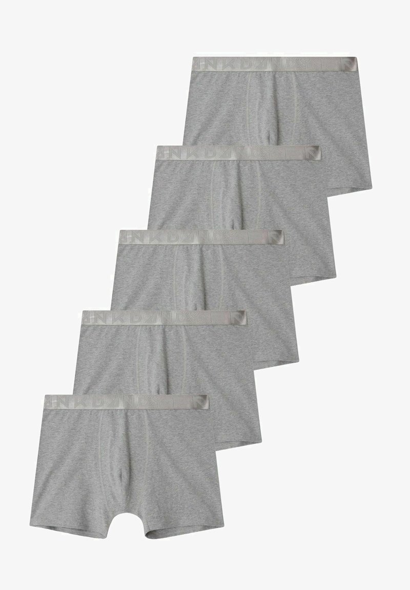 Viisi paria harmaita miesten bokserihousuja, jotka on valmistettu puuvillasta. Housuissa on sileä joustava vyötärönauha, jossa on logokoristelu. Litteät saumat lisäävät mukavuutta.