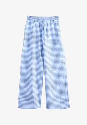 Kék-fehér kockás mintájú, bőszárú nadrágok könnyű anyagból, elasztikus derékrésszel és állítható húzózsinórral.