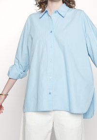 Camicia button-up blu chiaro, oversize, con colletto, maniche arrotolate e bottoni frontali. Realizzata in un tessuto liscio e resistente alle pieghe.