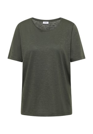 Korte mouw T-shirt in olijfgroen met een ronde hals, gemaakt van een zachte stof met een lichte textuur en een merklabel aan de binnenkant van de kraag.