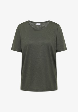 Korte mouw T-shirt in olijfgroen met een ronde hals, gemaakt van een zachte stof met een lichte textuur en een merklabel aan de binnenkant van de kraag.