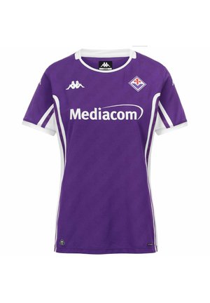 Maglia da calcio viola della Fiorentina con colletto bianco e strisce, logo dello sponsor Mediacom, loghi del marchio Kappa e stemma della squadra sul petto.