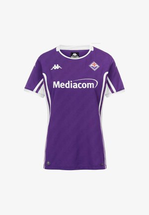 Maglia da calcio viola della Fiorentina con colletto bianco e strisce, logo dello sponsor Mediacom, loghi del marchio Kappa e stemma della squadra sul petto.