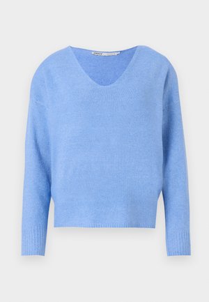 Light blue, v-neck sweater with long, slightly loose sleeves and ribbed cuffs. Soft texture, cropped design, suitable for layering.