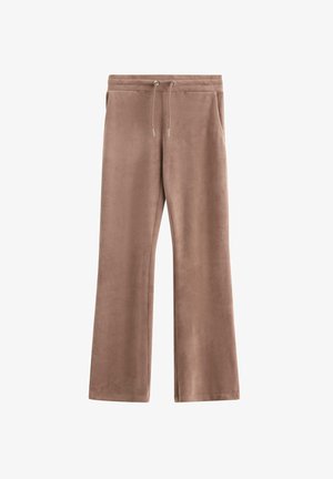 Vaasimaiset ruskeat pehmeät collegehousut, joissa on levenevät lahkeet, elastinen vyötärönyöri ja sivutaskut. Ei näkyviä kuvioita tai koristeita.