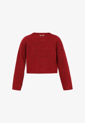 Sweater cropped rouge avec un col rond, des manches longues et une finition douce et texturée. Présente des poignets et un ourlet côtelés.