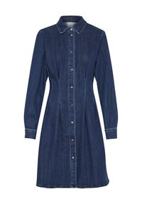Dark denim shirt dress with a button front, collar, long sleeves, and stitched detailing. Features a fitted waist and flared skirt.