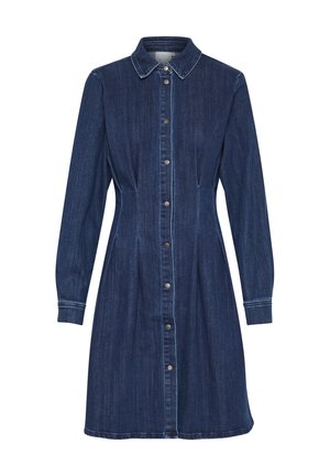 Vestito camicia in denim scuro con chiusura a bottoni, colletto, maniche lunghe e dettagli cuciti. Presenta una vita aderente e gonna svasata.