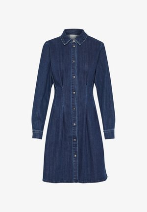 Vestito camicia in denim scuro con chiusura a bottoni, colletto, maniche lunghe e dettagli cuciti. Presenta una vita aderente e gonna svasata.