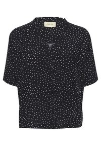 Blusa nera a maniche corte con pois bianchi, scollo arricciato e chiusura frontale con bottoni. Realizzata in tessuto morbido, vestibilità casual.