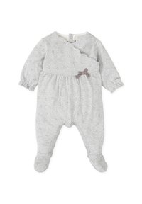 Monito de bebé de algodón gris con mangas largas, que presenta un patrón texturizado, un lazo lateral decorativo y cierres de presión en la parte posterior y en la entrepierna.