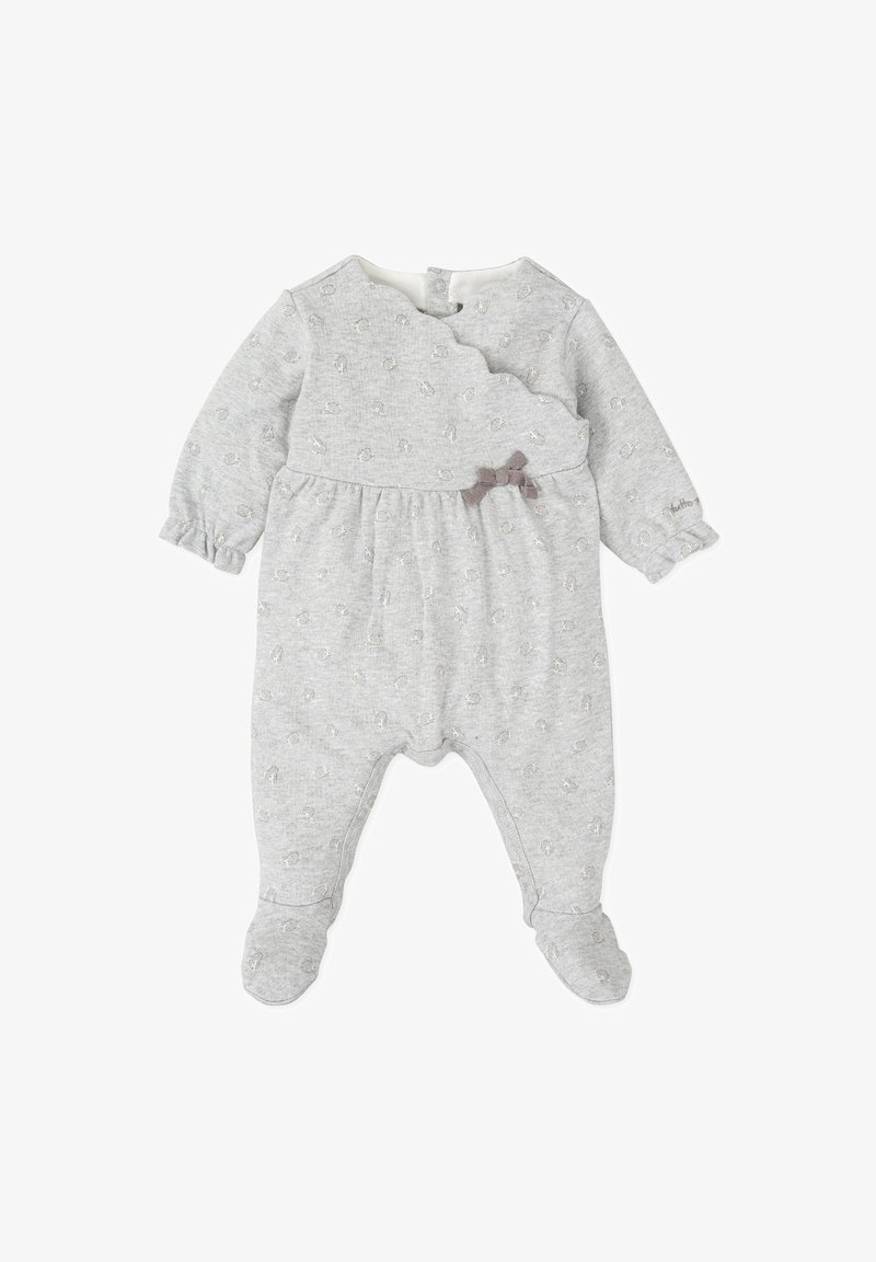 Monito de bebé de algodón gris con mangas largas, que presenta un patrón texturizado, un lazo lateral decorativo y cierres de presión en la parte posterior y en la entrepierna.