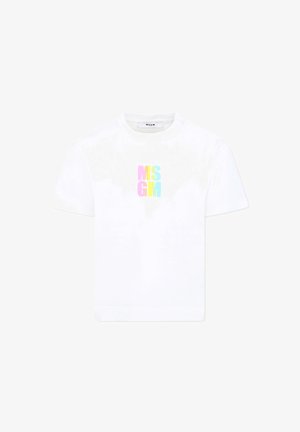 T-shirt bianca in cotone con logo "MSGM" in gradiente di colori pastello. Collo rotondo, maniche corte e vestibilità standard.