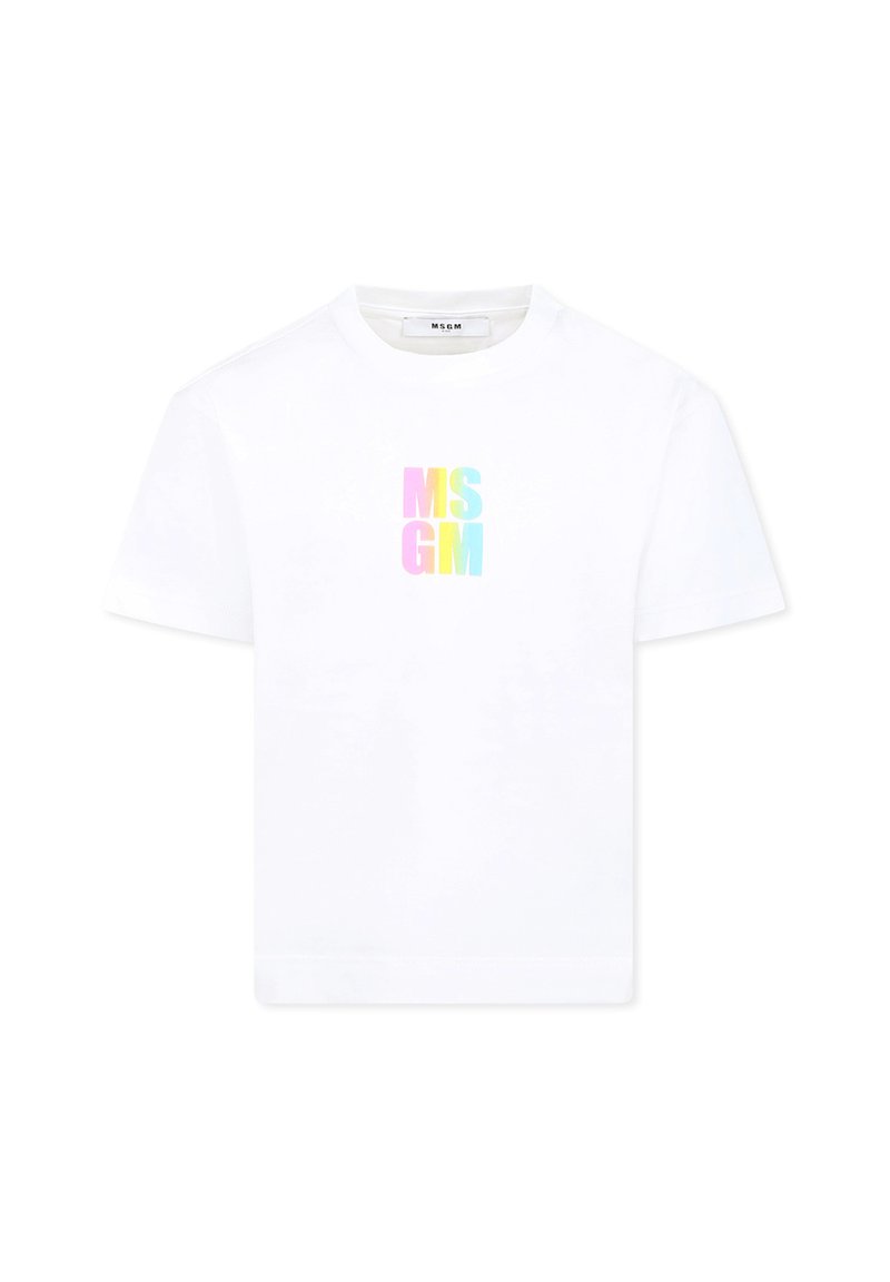 T-shirt bianca in cotone con logo "MSGM" in gradiente di colori pastello. Collo rotondo, maniche corte e vestibilità standard.