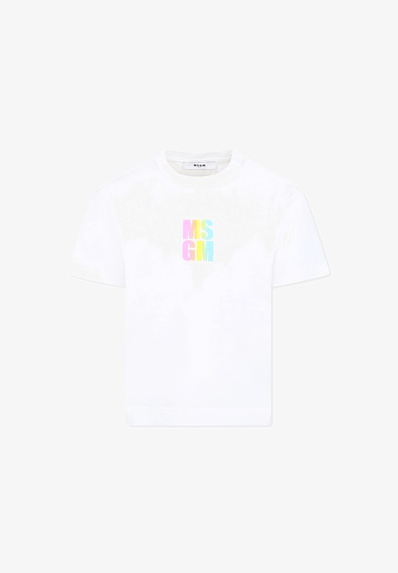 T-shirt bianca in cotone con logo "MSGM" in gradiente di colori pastello. Collo rotondo, maniche corte e vestibilità standard.