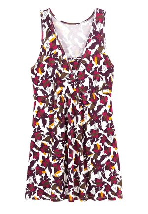 Robe sans manches à motifs floraux mettant en valeur un décolleté en V, avec des fleurs noires, bordeaux et jaunes sur un fond blanc, et une taille élastique.