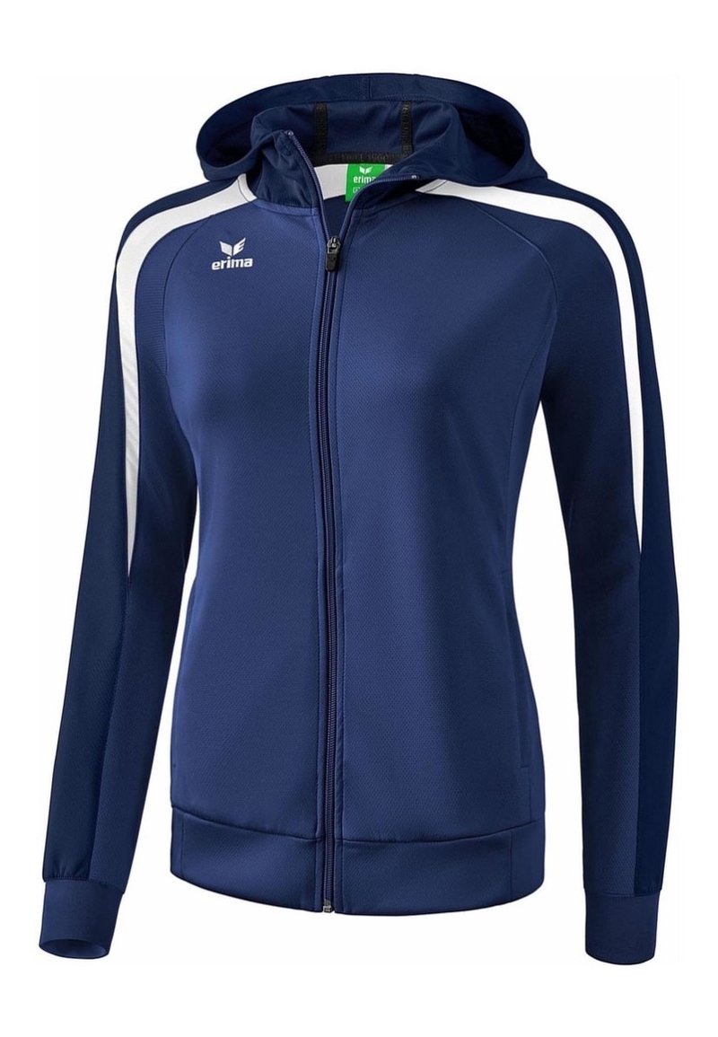 Marineblaues Zip-Up-Jacke mit Kapuze, ausgestattet mit weißen Seitenstreifen, strukturiertem Stoff und gerippten Bündchen für eine bequeme Passform. Logo auf der Brust.