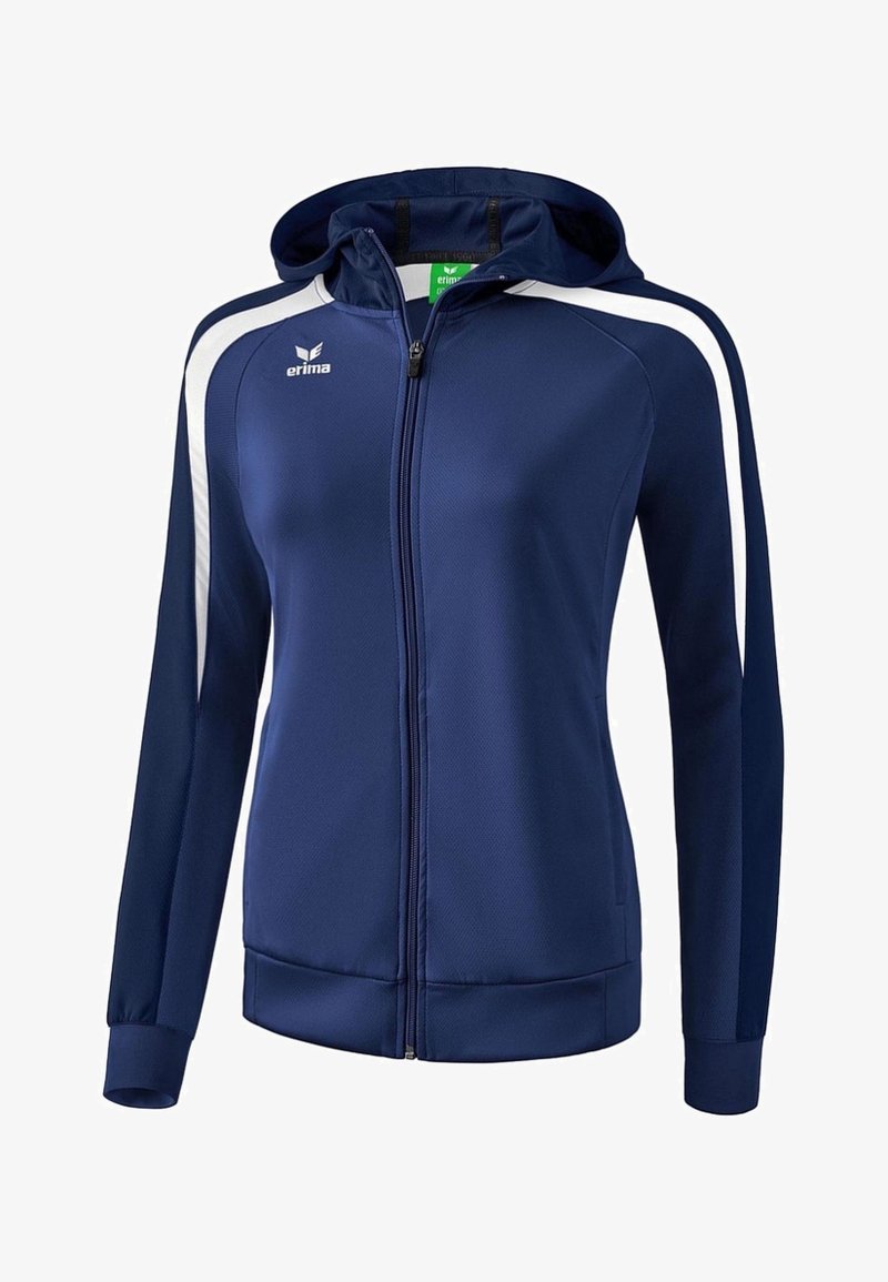 Marineblaues Zip-Up-Jacke mit Kapuze, ausgestattet mit weißen Seitenstreifen, strukturiertem Stoff und gerippten Bündchen für eine bequeme Passform. Logo auf der Brust.