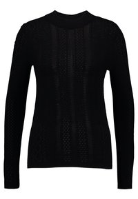 Schwarzer Strickpullover mit langen Ärmeln, der komplizierte Texturmuster, einen taillierten Ausschnitt und ein leichtes Design bietet.