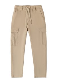 Beige cargobroek met een elastische tailleband, trekkoordsluiting en zijzakken. Gemaakt van lichtgewicht stof met een gladde textuur.
