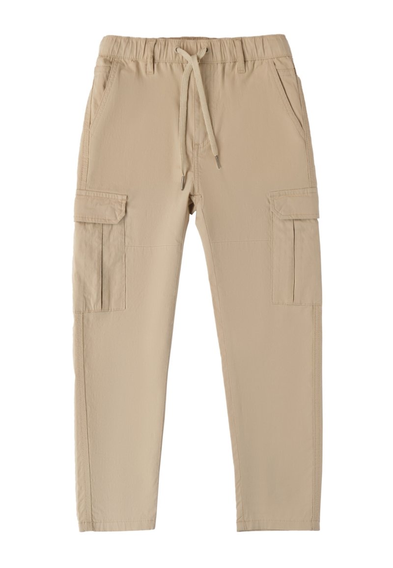 Beige cargobroek met een elastische tailleband, trekkoordsluiting en zijzakken. Gemaakt van lichtgewicht stof met een gladde textuur.