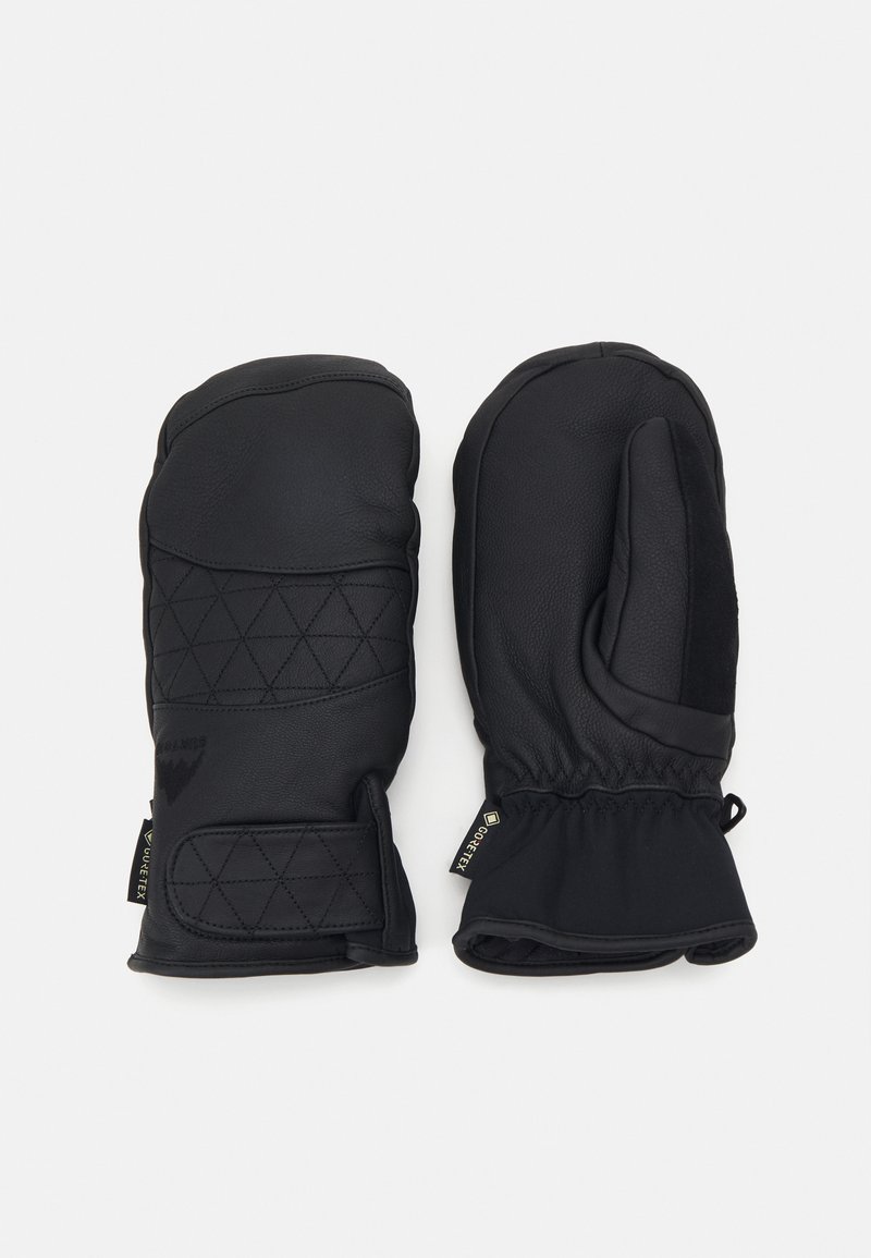 Melni izolēti cimdi, kas izgatavoti no ādas un auduma ar faktūras ģeometrisku rakstu, regulējamiem aprocēm un GORE-TEX zīmolu.