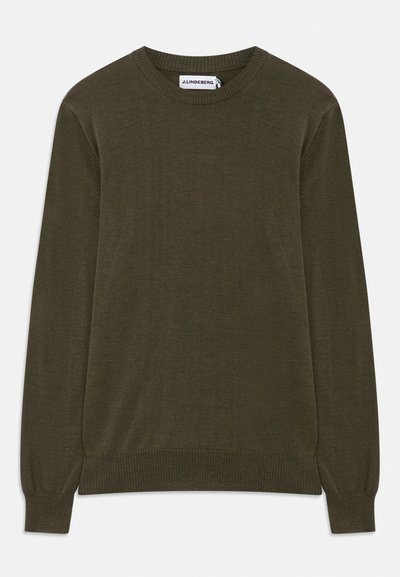 Dunkelgrüner, langärmeliger Pullover mit gerippten Bündchen und Saum. Aus weichem Material, mit klassischem Rundhalsausschnitt und minimalistischem Design.
