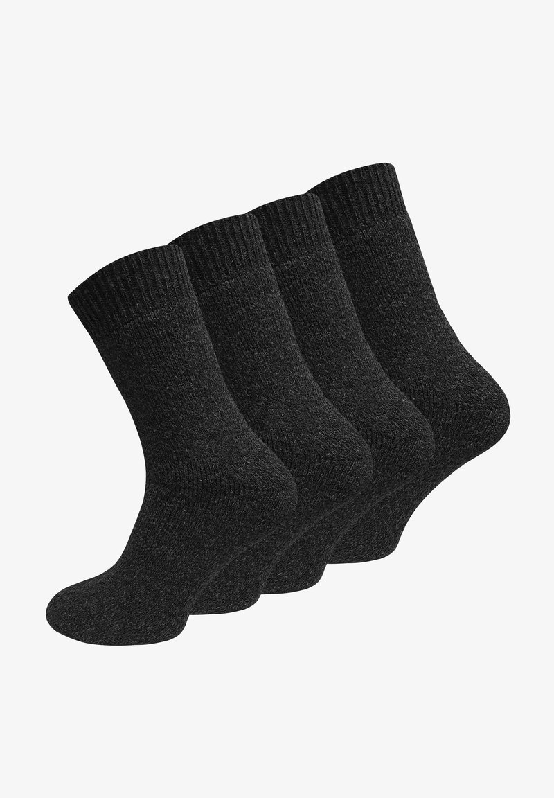 Four pairs of dark gray, mid-calf length socks made of a textured knit material featuring ribbed cuffs and smooth toe seams.