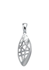 Pendentif en argent en forme de feuille, présentant un design ajouré complexe et une finition texturée, agrémenté de petites pierres précieuses transparentes.