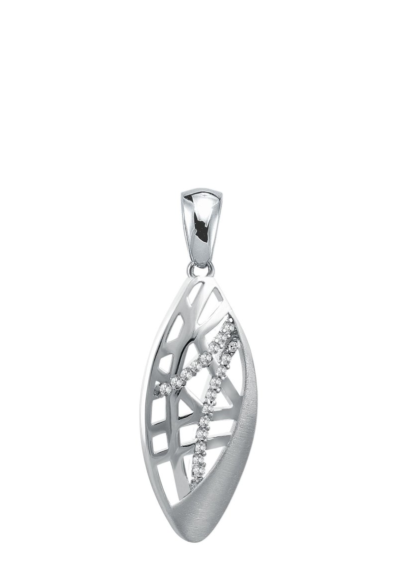 Pendentif en argent en forme de feuille, présentant un design ajouré complexe et une finition texturée, agrémenté de petites pierres précieuses transparentes.