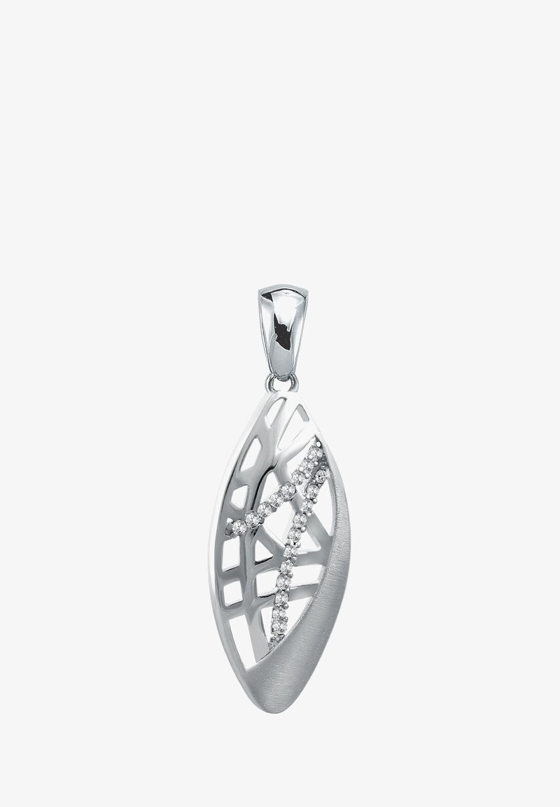 Pendentif en argent en forme de feuille, présentant un design ajouré complexe et une finition texturée, agrémenté de petites pierres précieuses transparentes.