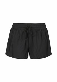 Svarta badbyxor i lätt tyg, med elastisk midja och snörning, samt en avslappnad passform med släta kanter.