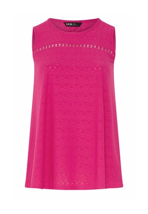 Top senza maniche di colore rosa acceso con motivo floreale traforato e dettaglio di ritaglio orizzontale sotto la scollatura rotonda.