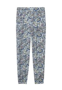 Slim-fit broek met een multicolor paisleypatroon in blauw, groen, roze en beige op een witte achtergrond.