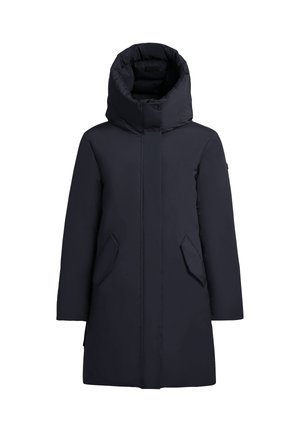 Marineblauer gepolsterter Mantel mit hohem Kragen, Reißverschluss und Seitentaschen. Glattes, wasserabweisendes Material mit gerader Silhouette.