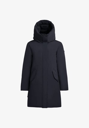 Marineblauer gepolsterter Mantel mit hohem Kragen, Reißverschluss und Seitentaschen. Glattes, wasserabweisendes Material mit gerader Silhouette.