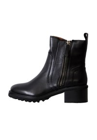 Bota de cuero negra hasta el tobillo con tacón grueso, cremalleras laterales y suela de goma texturizada. Acabado suave con detalles de costura decorativa.