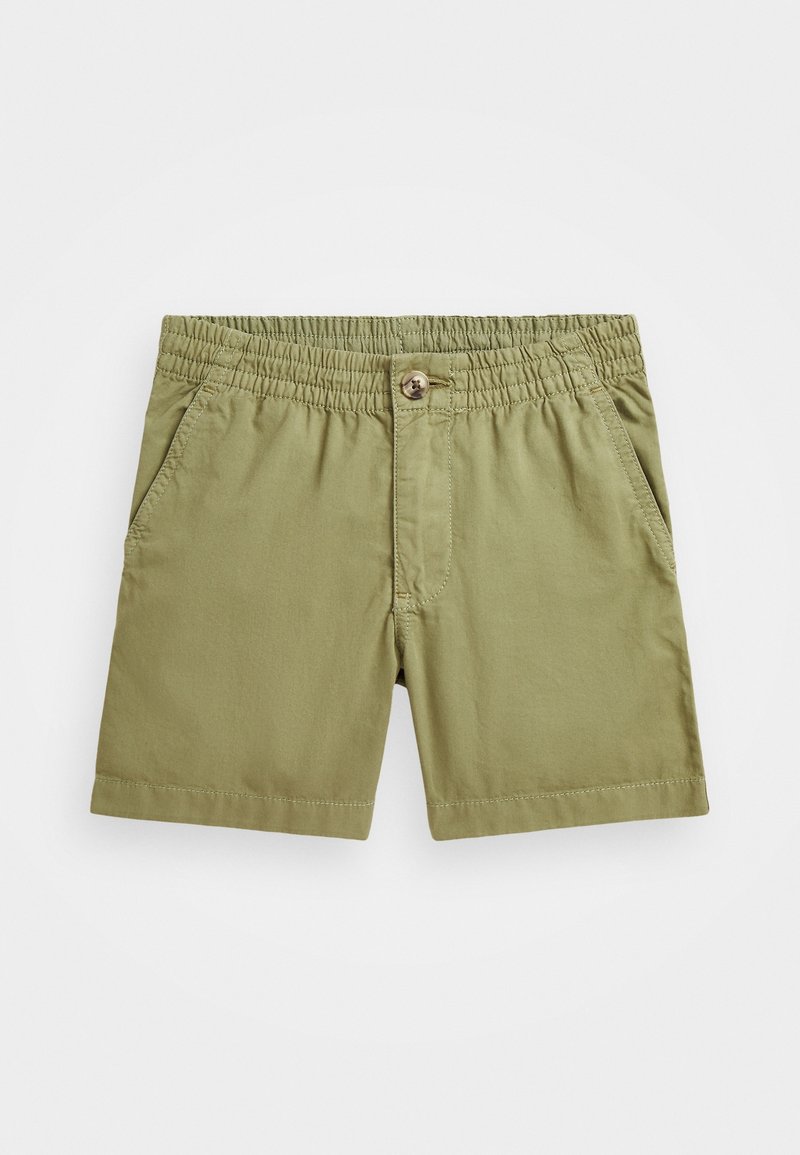 Shorts pour enfants de couleur vert olive avec taille élastique, fermeture à boutons et poches latérales, présentés sur un fond blanc uni.