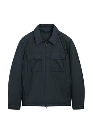 Giacca nera imbottita con colletto, zip frontale, due tasche sul petto e tasche laterali. Realizzata in tessuto leggero e liscio.